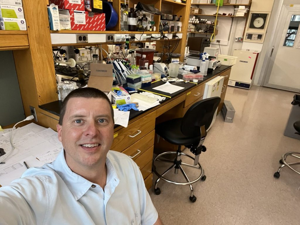 Rob visiting his old lab bench at Princeton.