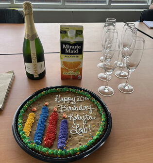 Cookie cake and mimosas to celebrate the lab's 20th birthday